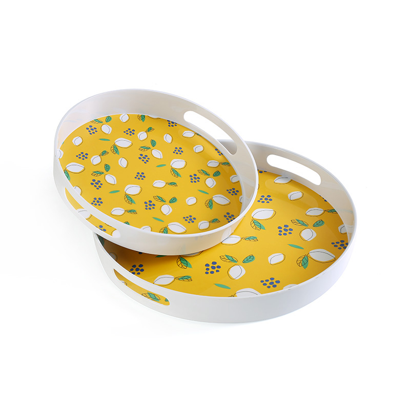 2 Piece Set Round Straight Melamine Tray with Handle