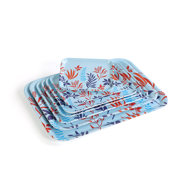 7 Piece Set Rectangular Blue Bottom Leaf Melamine Tray